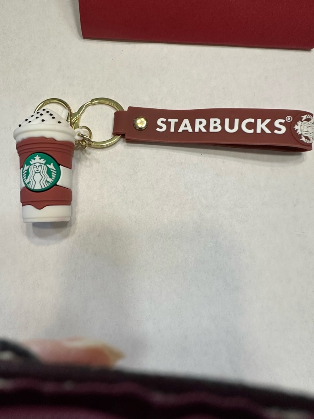 Starbucks Tan and White Cup Charm Keychain with Logo Strap